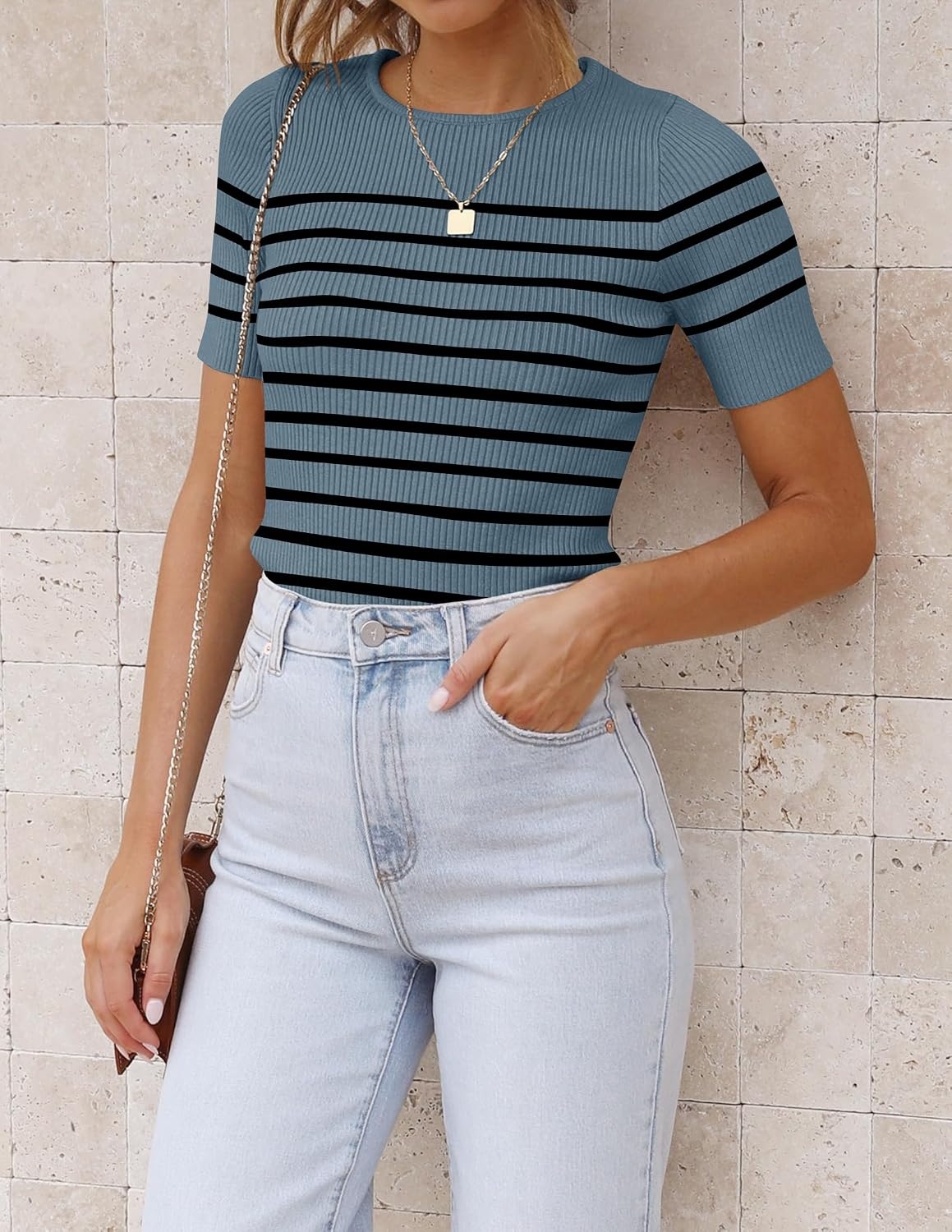 image:imageZESICA Womens Striped Short Sleeve Ribbed Knit Fitted T ShirtsDarkblue