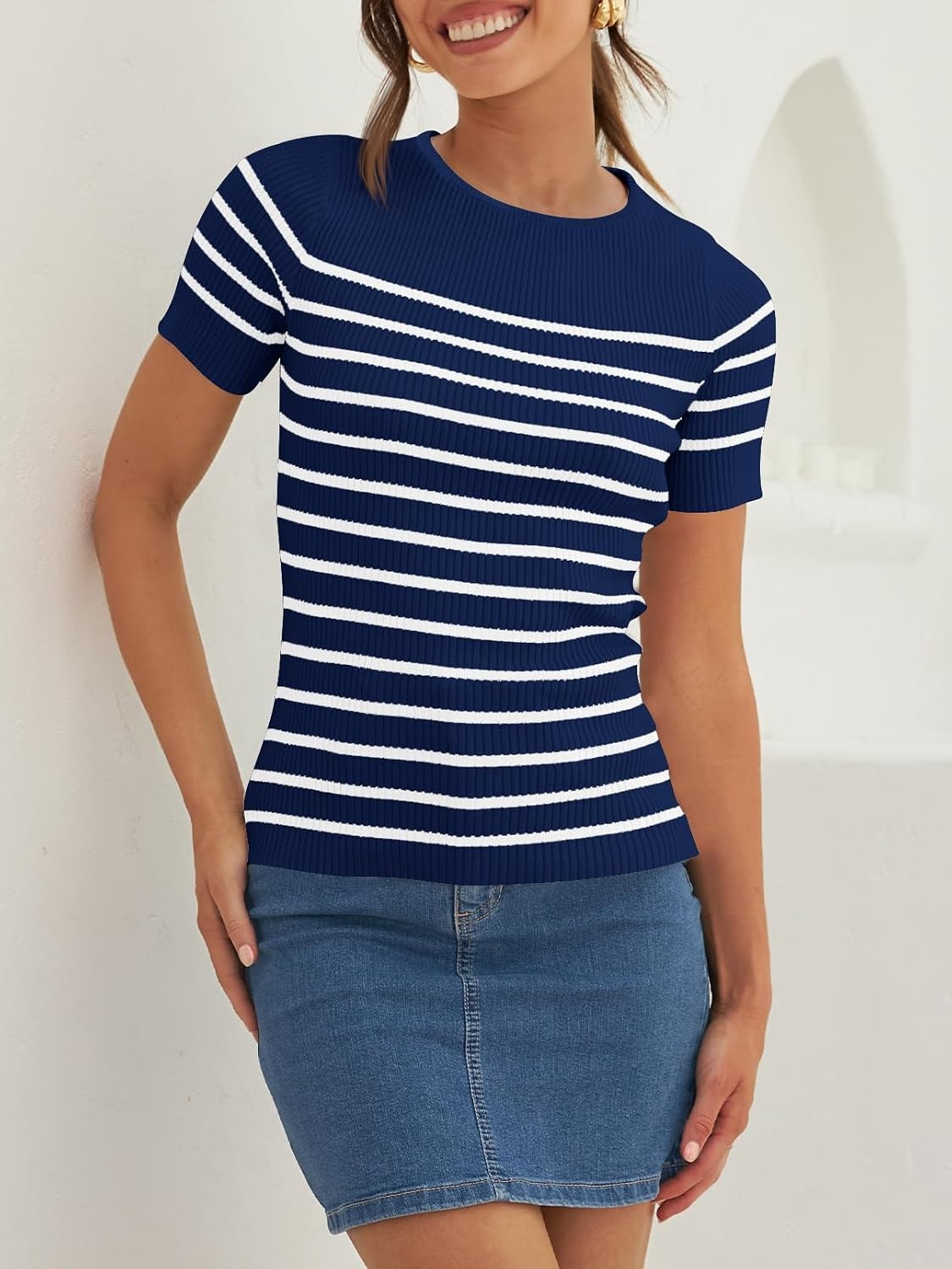 image:imageZESICA Womens Striped Short Sleeve Ribbed Knit Fitted T ShirtsNavy