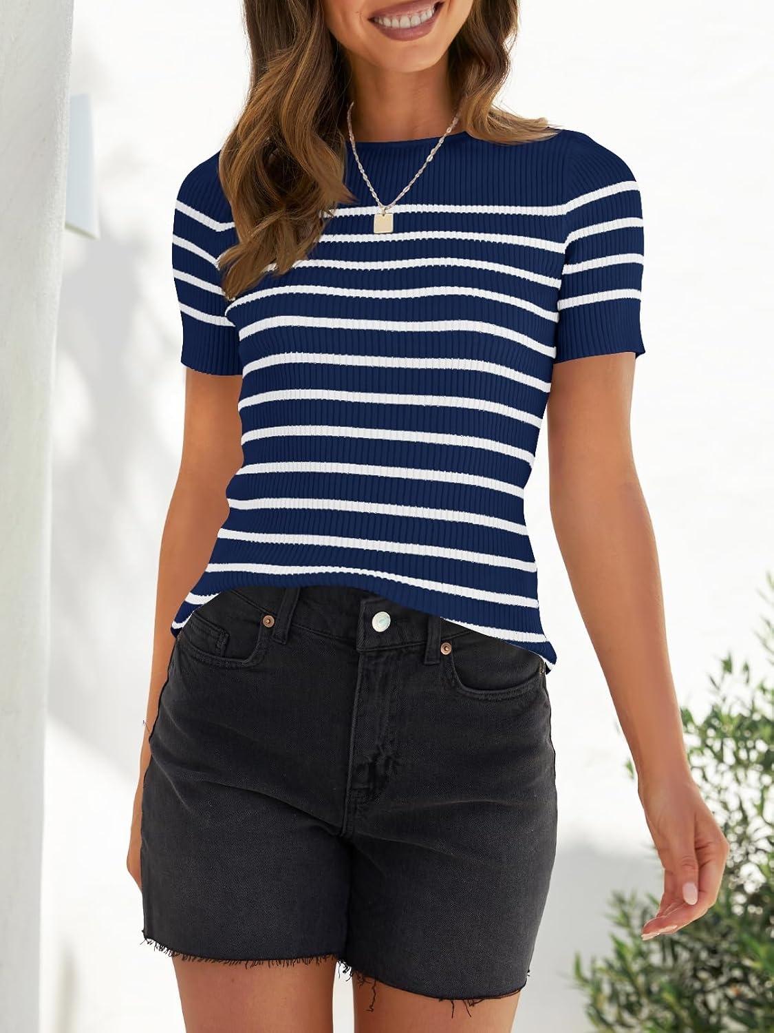 image:imageZESICA Womens Striped Short Sleeve Ribbed Knit Fitted T ShirtsNavy