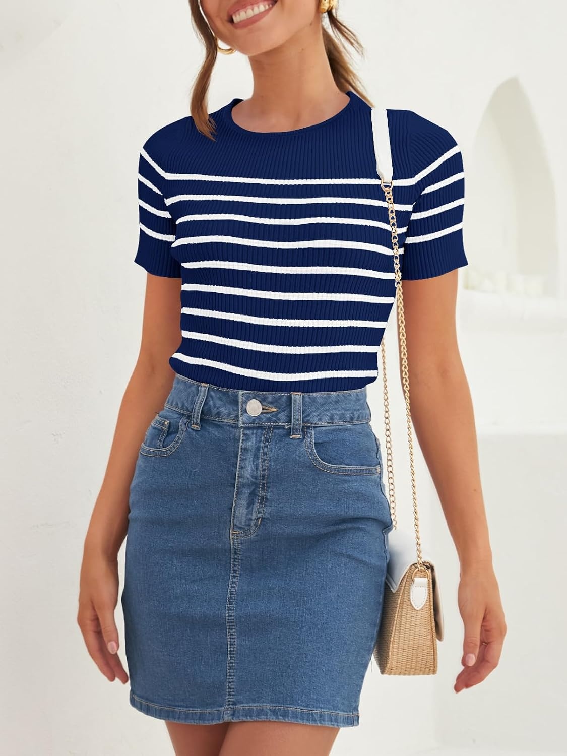 image:imageZESICA Womens Striped Short Sleeve Ribbed Knit Fitted T ShirtsNavy