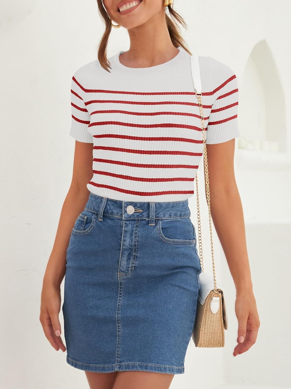 image:imageZESICA Womens Striped Short Sleeve Ribbed Knit Fitted T ShirtsRed