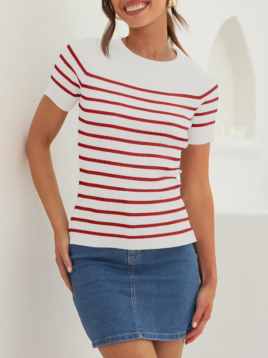 image:imageZESICA Womens Striped Short Sleeve Ribbed Knit Fitted T ShirtsRed