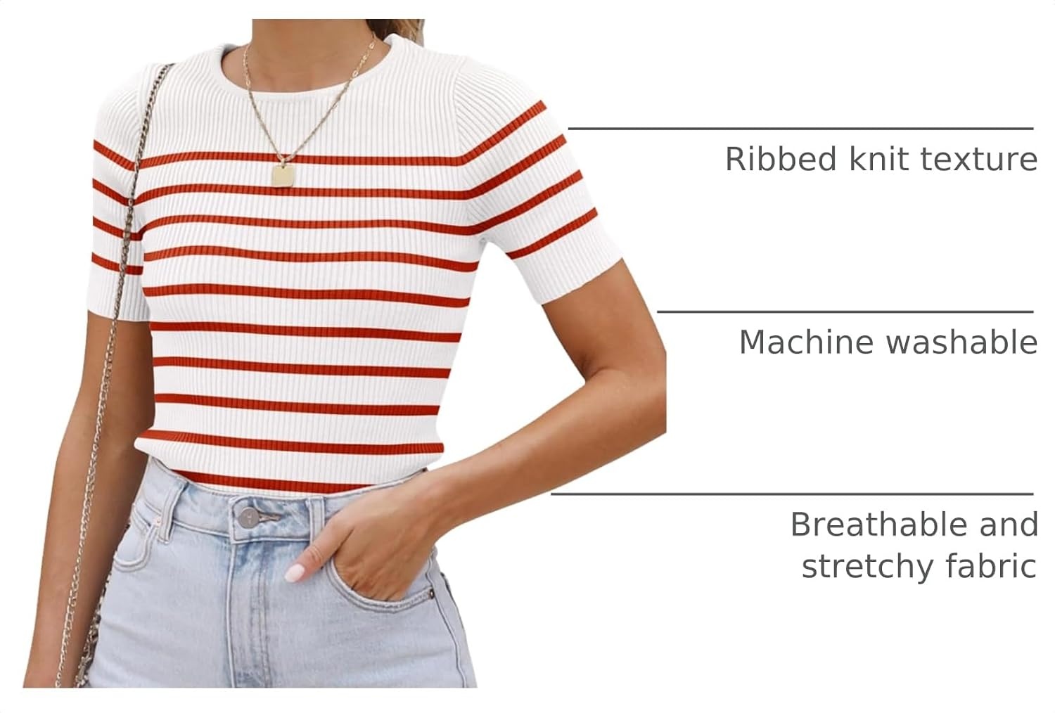 image:imageZESICA Womens Striped Short Sleeve Ribbed Knit Fitted T ShirtsRed