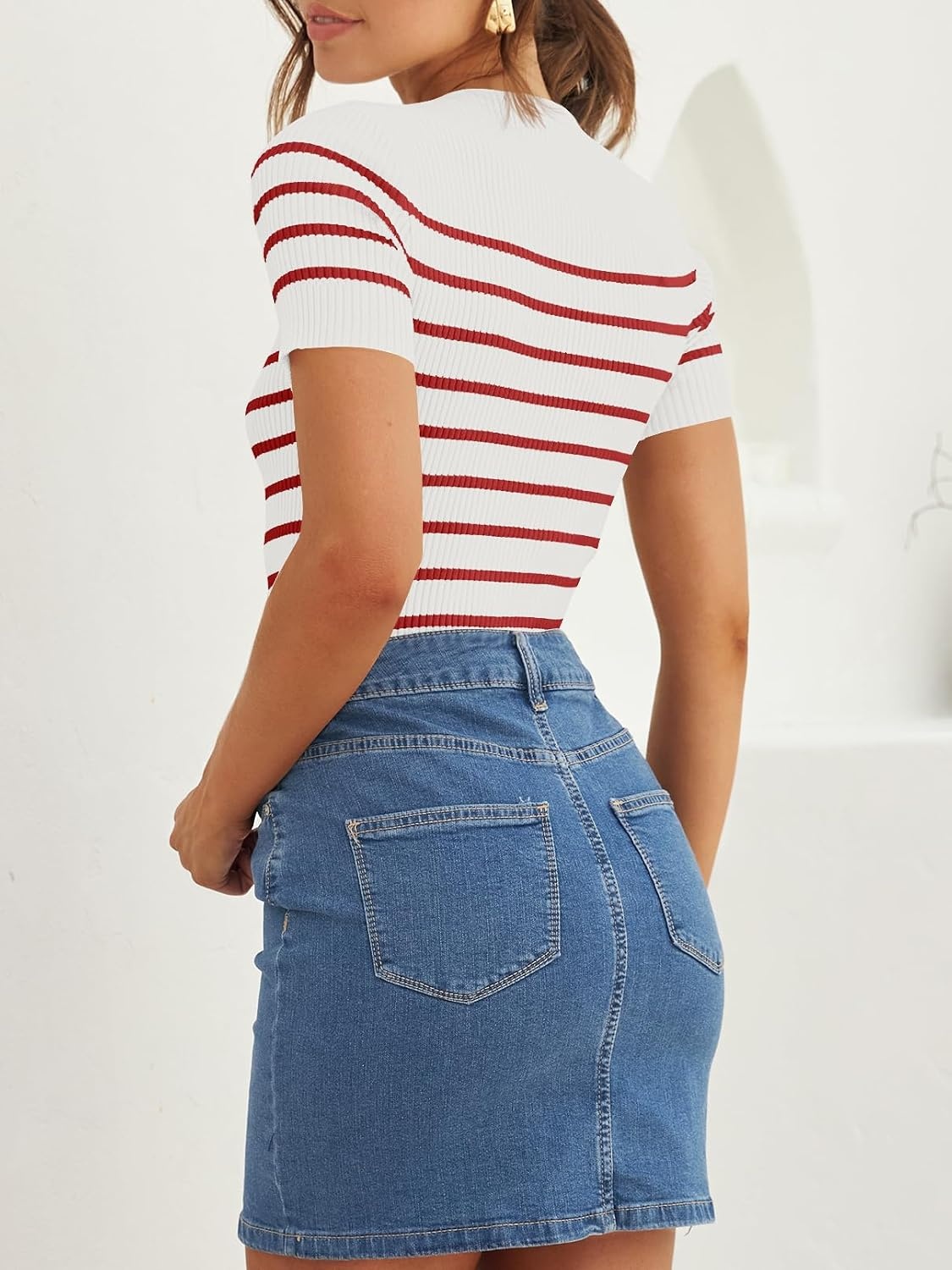 image:imageZESICA Womens Striped Short Sleeve Ribbed Knit Fitted T ShirtsRed