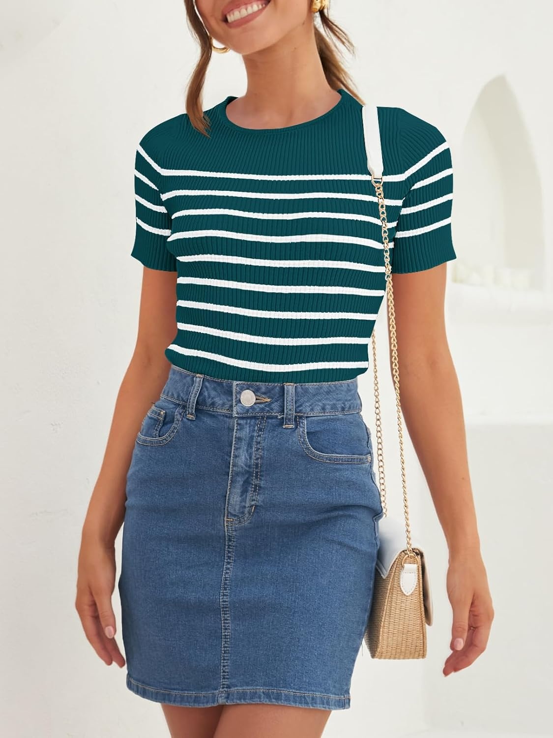 image:imageZESICA Womens Striped Short Sleeve Ribbed Knit Fitted T ShirtsTeal
