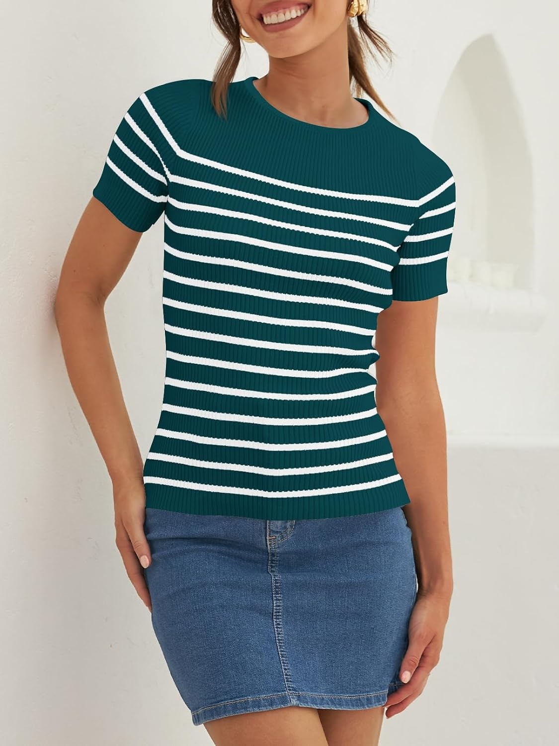 image:imageZESICA Womens Striped Short Sleeve Ribbed Knit Fitted T ShirtsTeal