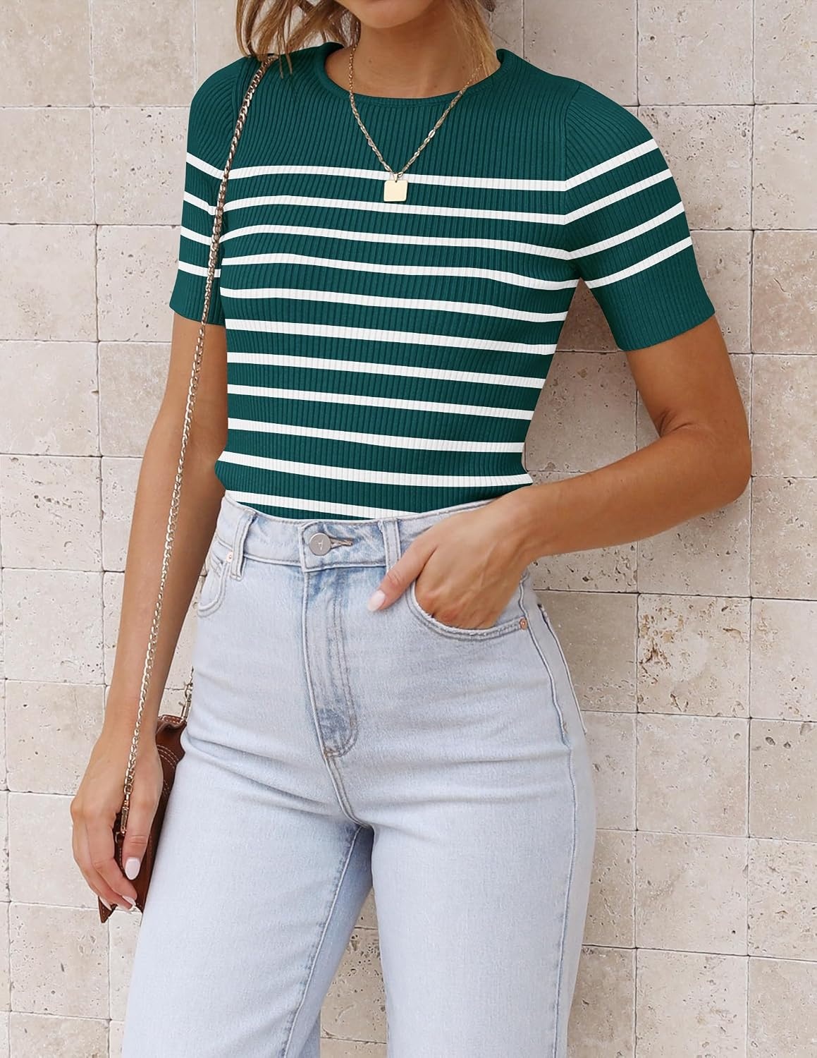 image:imageZESICA Womens Striped Short Sleeve Ribbed Knit Fitted T ShirtsTeal