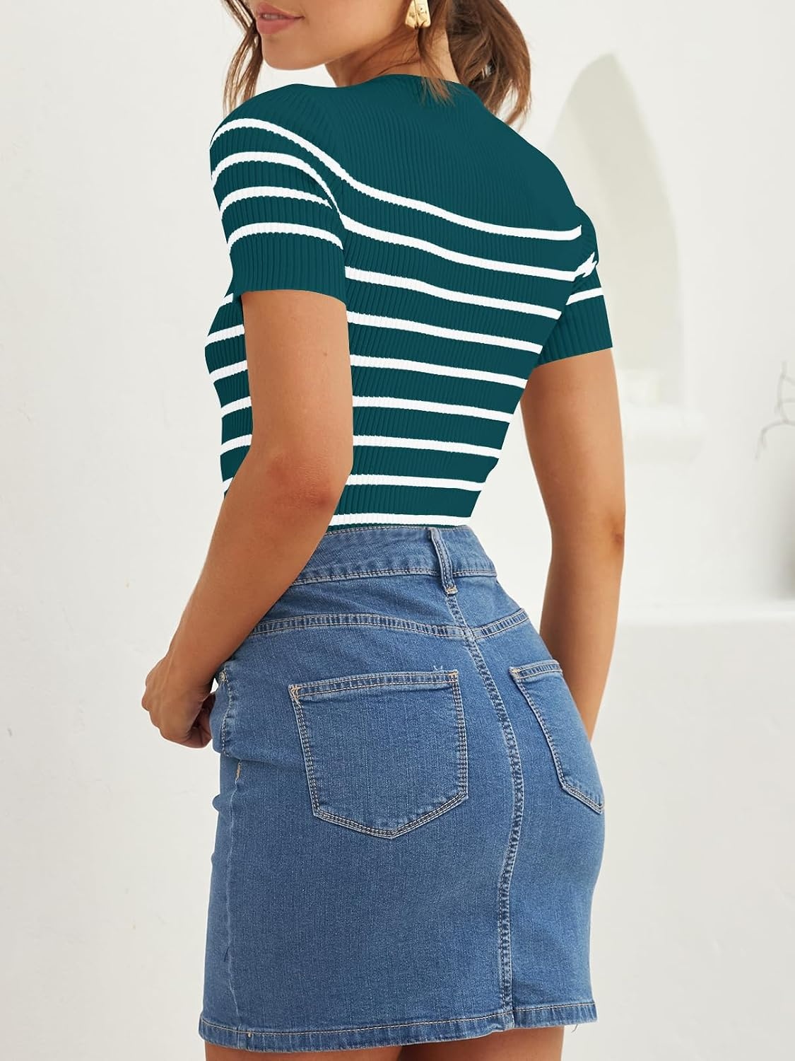 image:imageZESICA Womens Striped Short Sleeve Ribbed Knit Fitted T ShirtsTeal