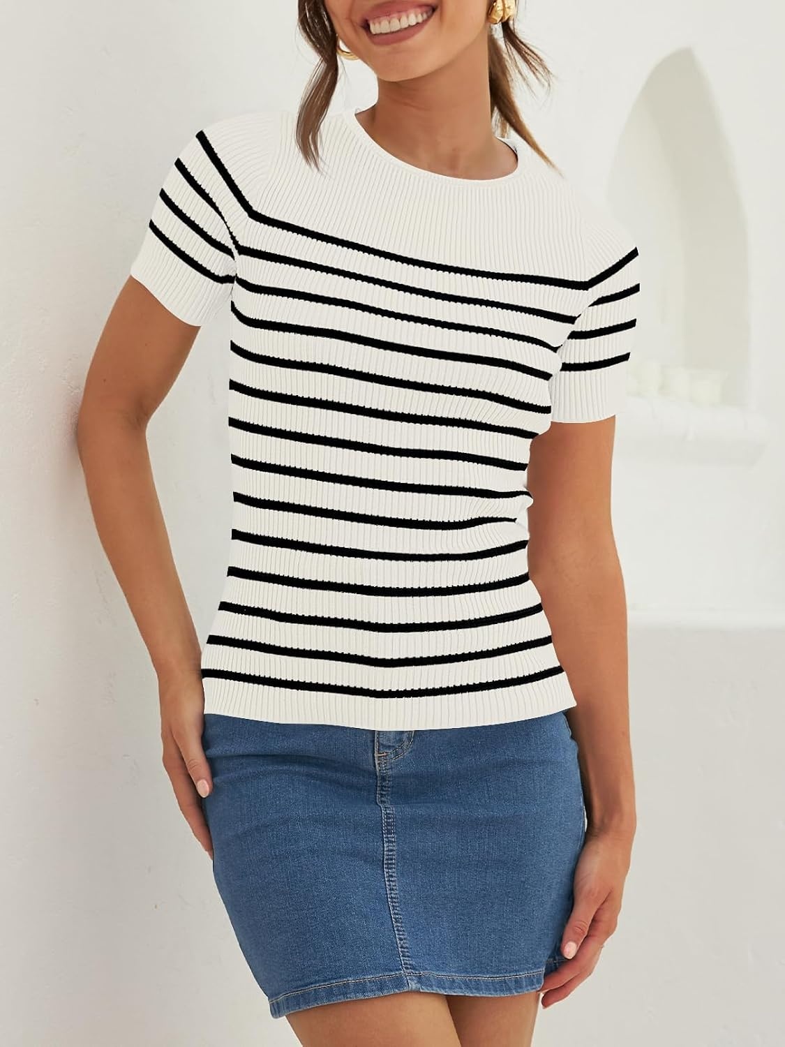 image:imageZESICA Womens Striped Short Sleeve Ribbed Knit Fitted T ShirtsWhite