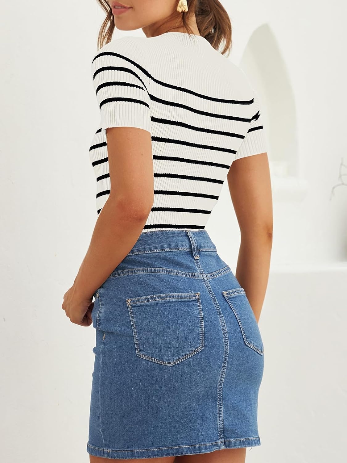 image:imageZESICA Womens Striped Short Sleeve Ribbed Knit Fitted T ShirtsWhite