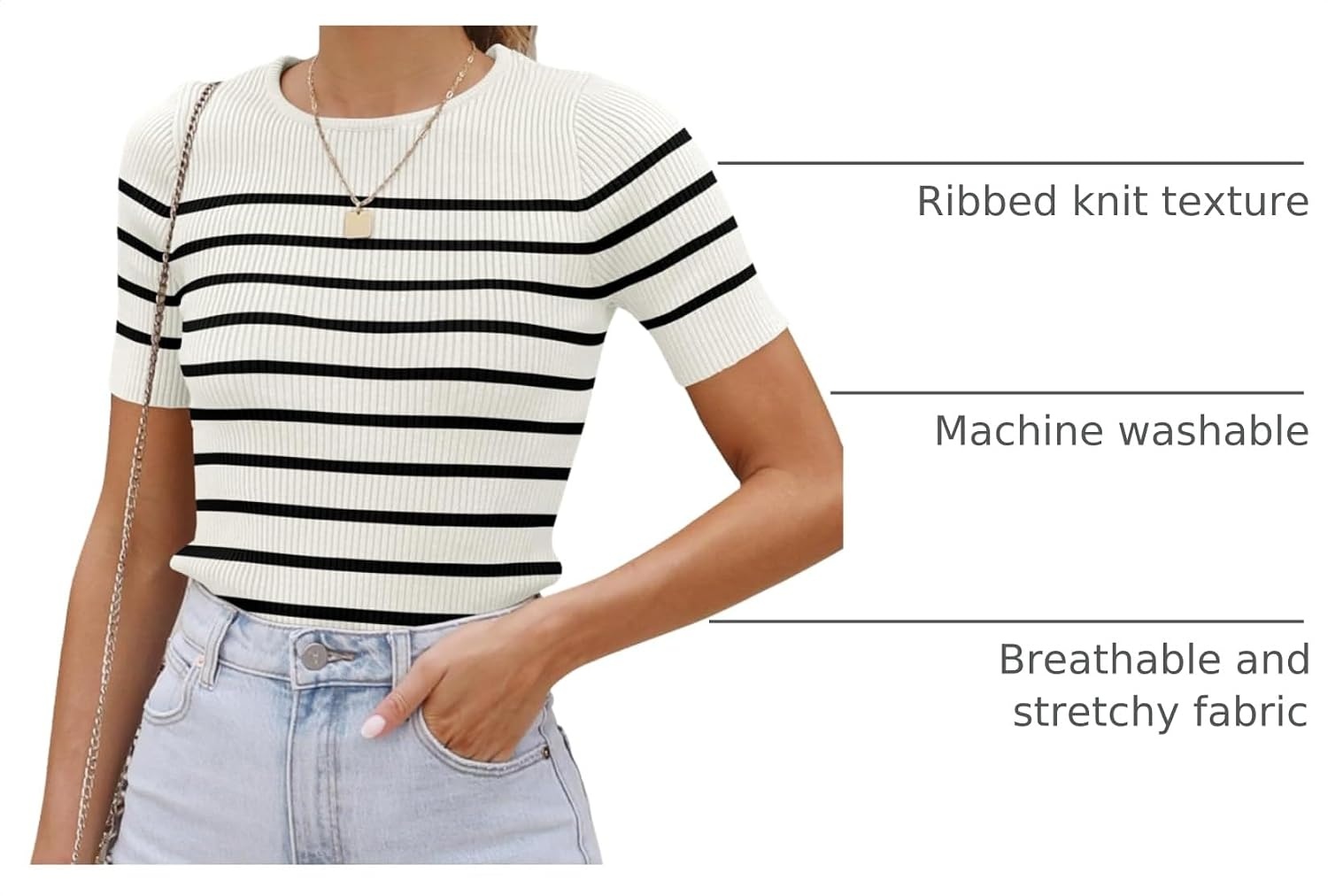 image:imageZESICA Womens Striped Short Sleeve Ribbed Knit Fitted T ShirtsWhite