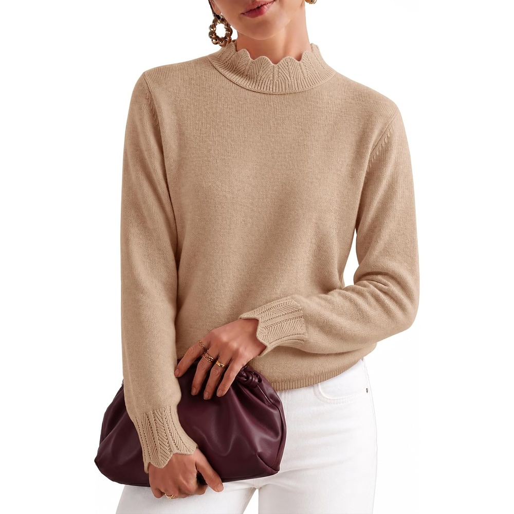 image:imageZESICA Fall 2026 Scalloped Mock Neck Pullover Sweaters for WomenAlmond