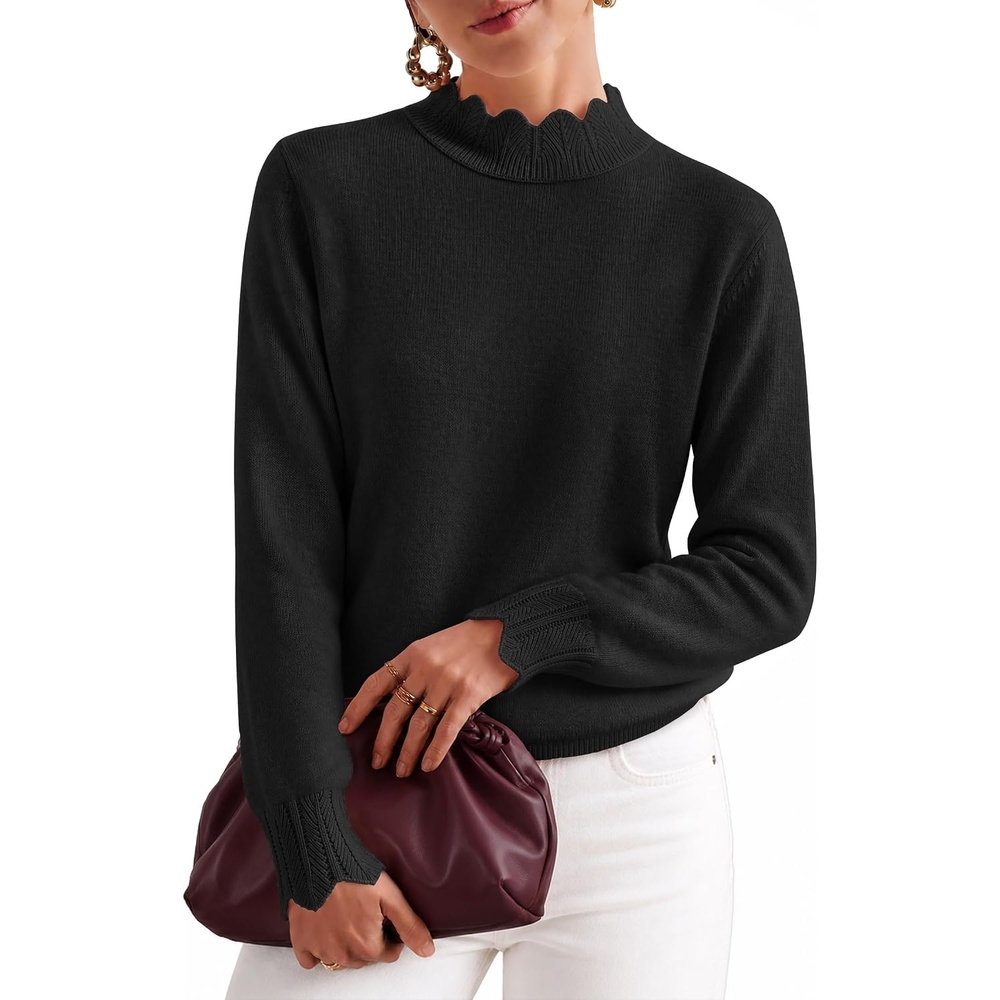 image:imageZESICA Fall 2026 Scalloped Mock Neck Pullover Sweaters for WomenBlack