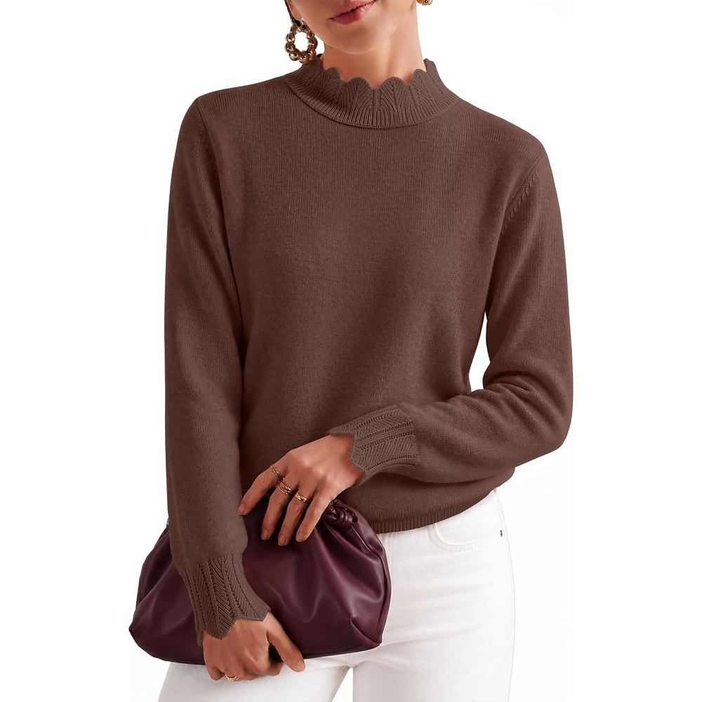 image:imageZESICA Fall 2026 Scalloped Mock Neck Pullover Sweaters for WomenBrown