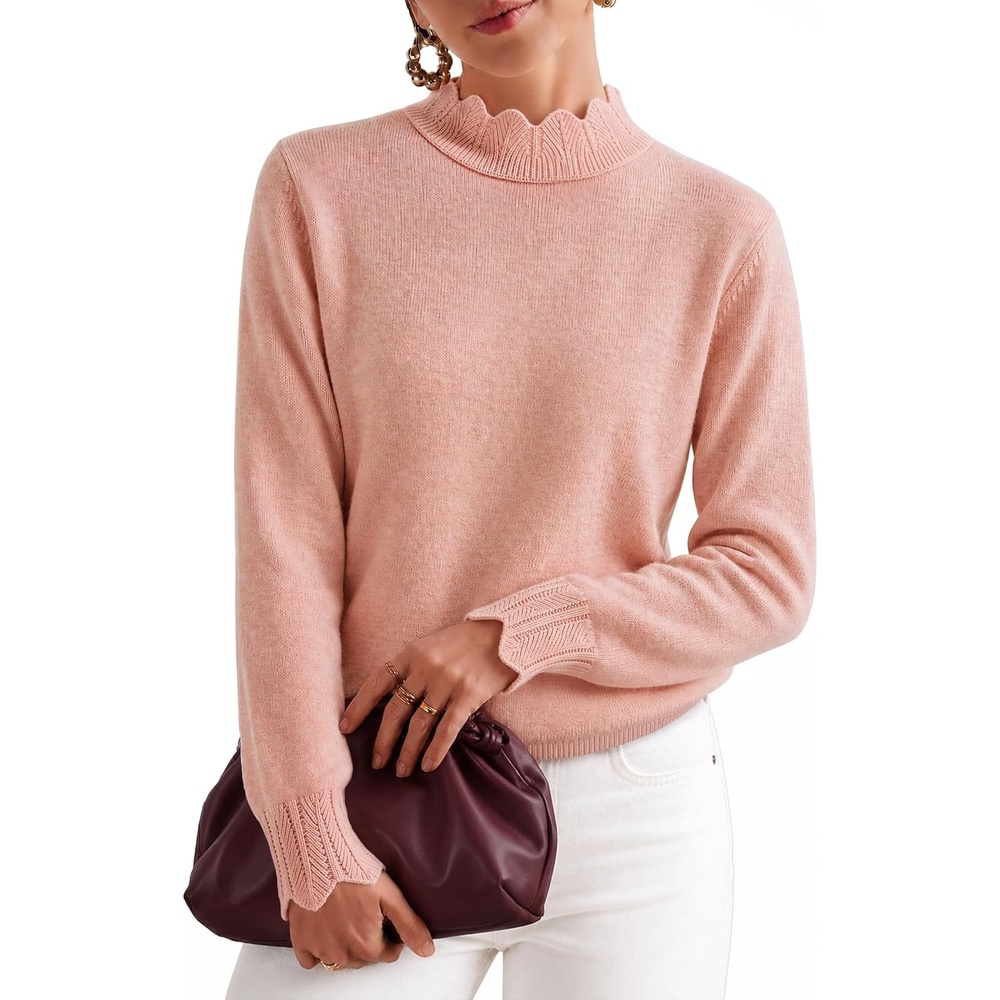 image:imageZESICA Fall 2026 Scalloped Mock Neck Pullover Sweaters for WomenPink