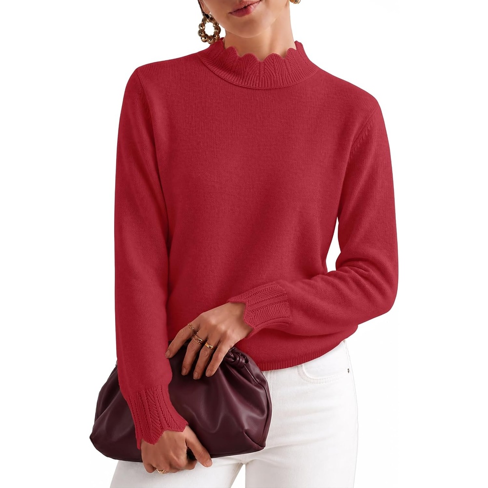 image:imageZESICA Fall 2026 Scalloped Mock Neck Pullover Sweaters for WomenWine