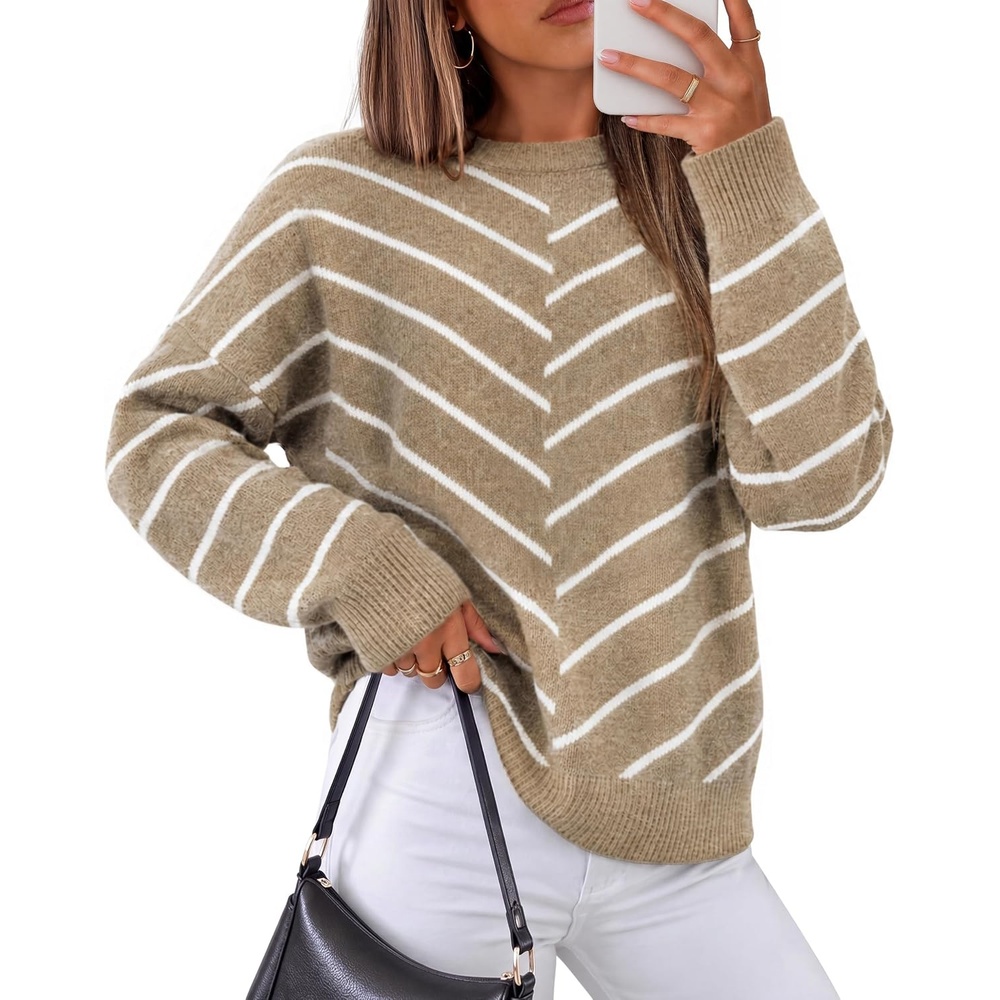 image:imageZESICA Womens 2026 Casual Long Sleeve Striped Pullover SweatersBrown