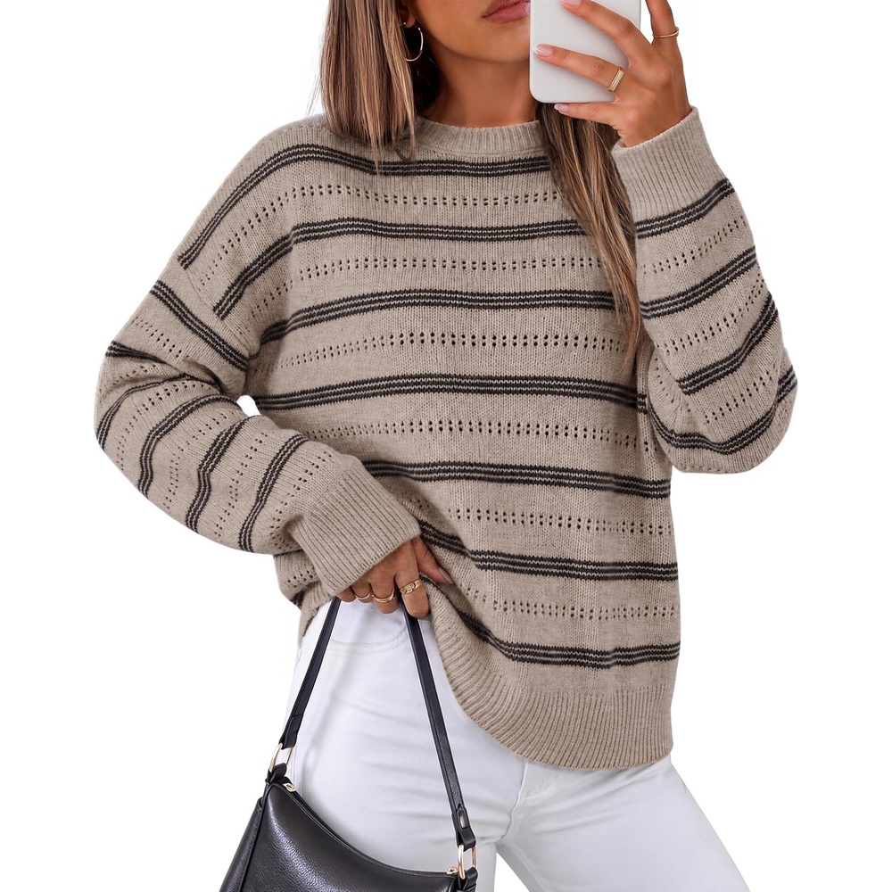 image:imageZESICA Womens 2026 Casual Long Sleeve Striped Pullover SweatersKhaki