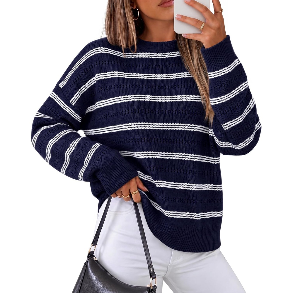 image:imageZESICA Womens 2026 Casual Long Sleeve Striped Pullover SweatersNavy