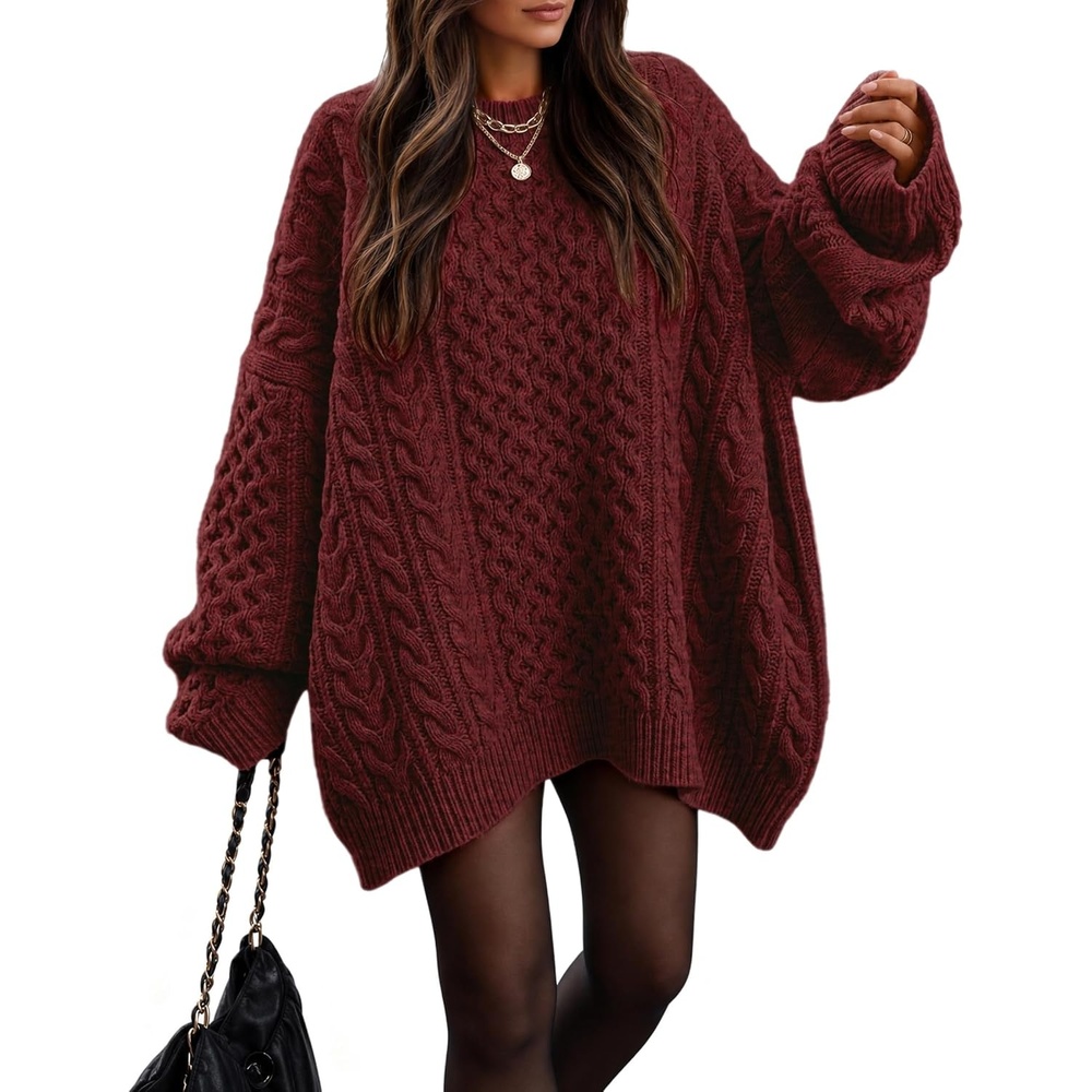 image:imageZESICA Womens 2026 Fall Oversized Chunky Cable Knit Tunic SweatersBurgundy