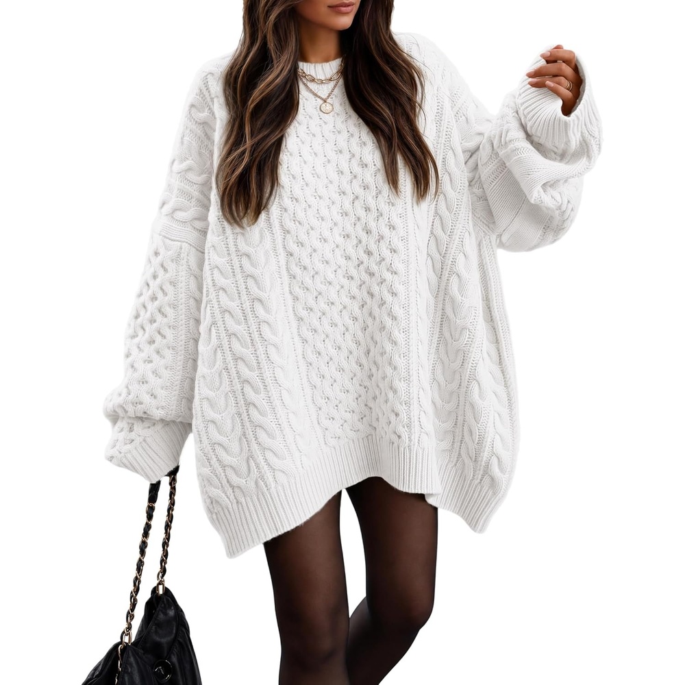 image:imageZESICA Womens 2026 Fall Oversized Chunky Cable Knit Tunic SweatersWhite