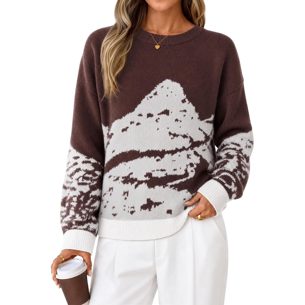image:imageZESICA Womens 2026 Fall Winter Crewneck Oversized Printed SweatersBrown