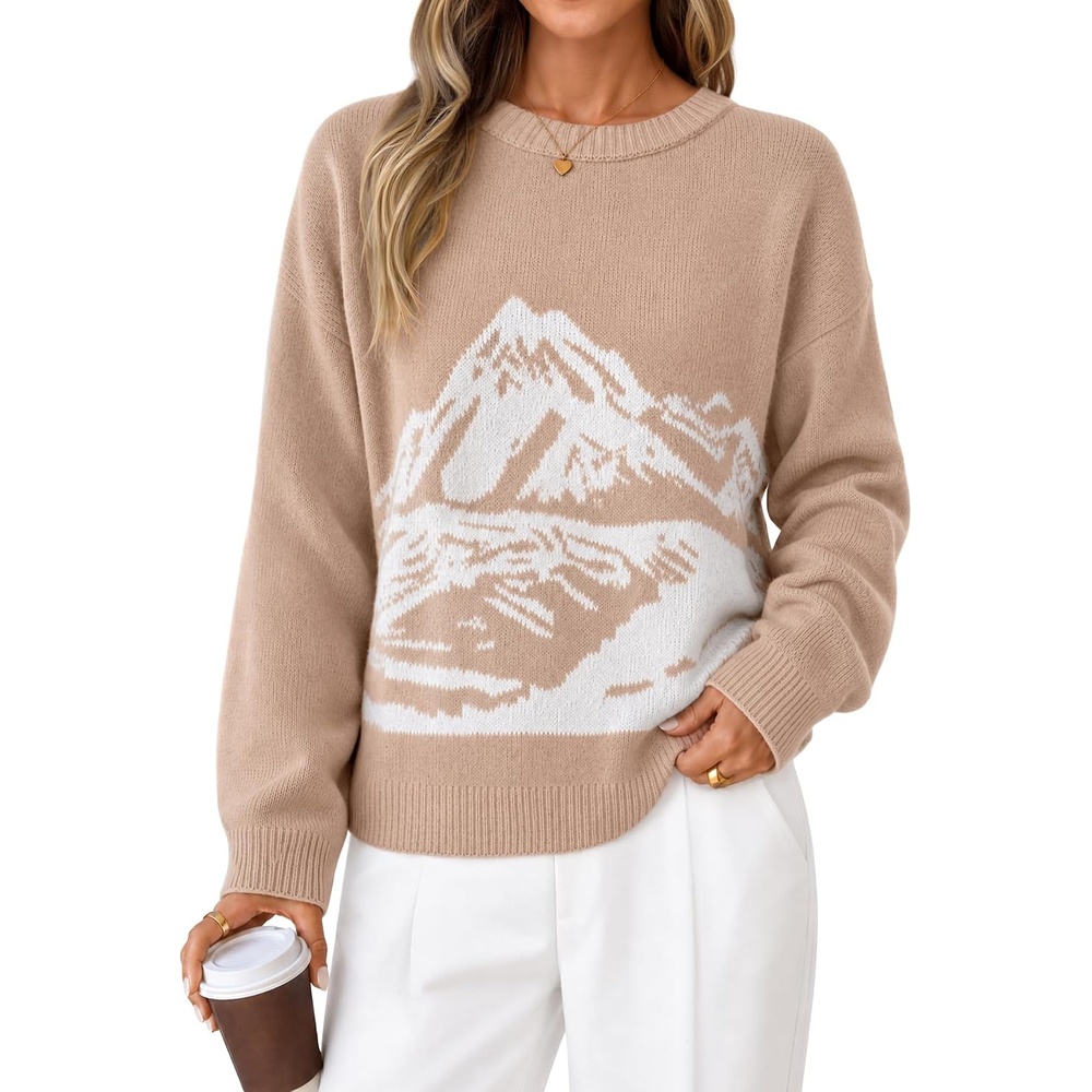 image:imageZESICA Womens 2026 Fall Winter Crewneck Oversized Printed SweatersSand