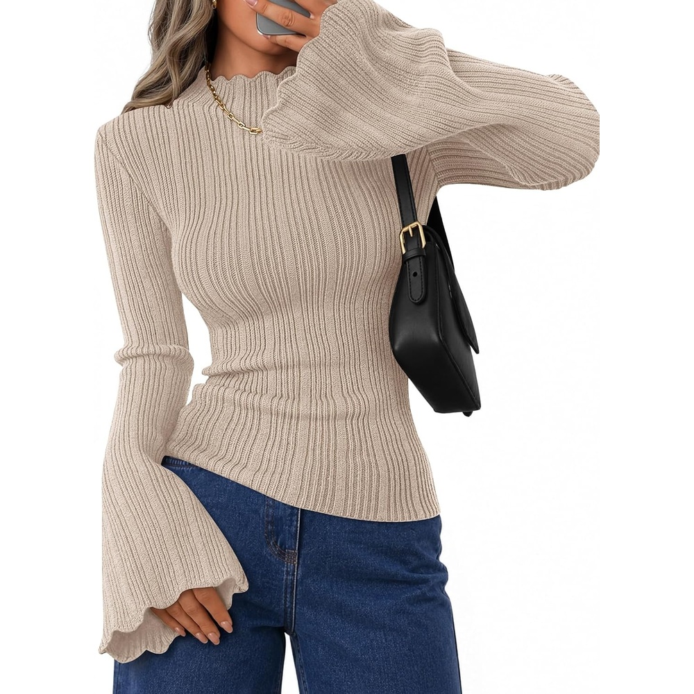 image:imageZESICA Womens Fall Bell Long Sleeve Knit Sweaters Scalloped Mock Neck TopsAlmond