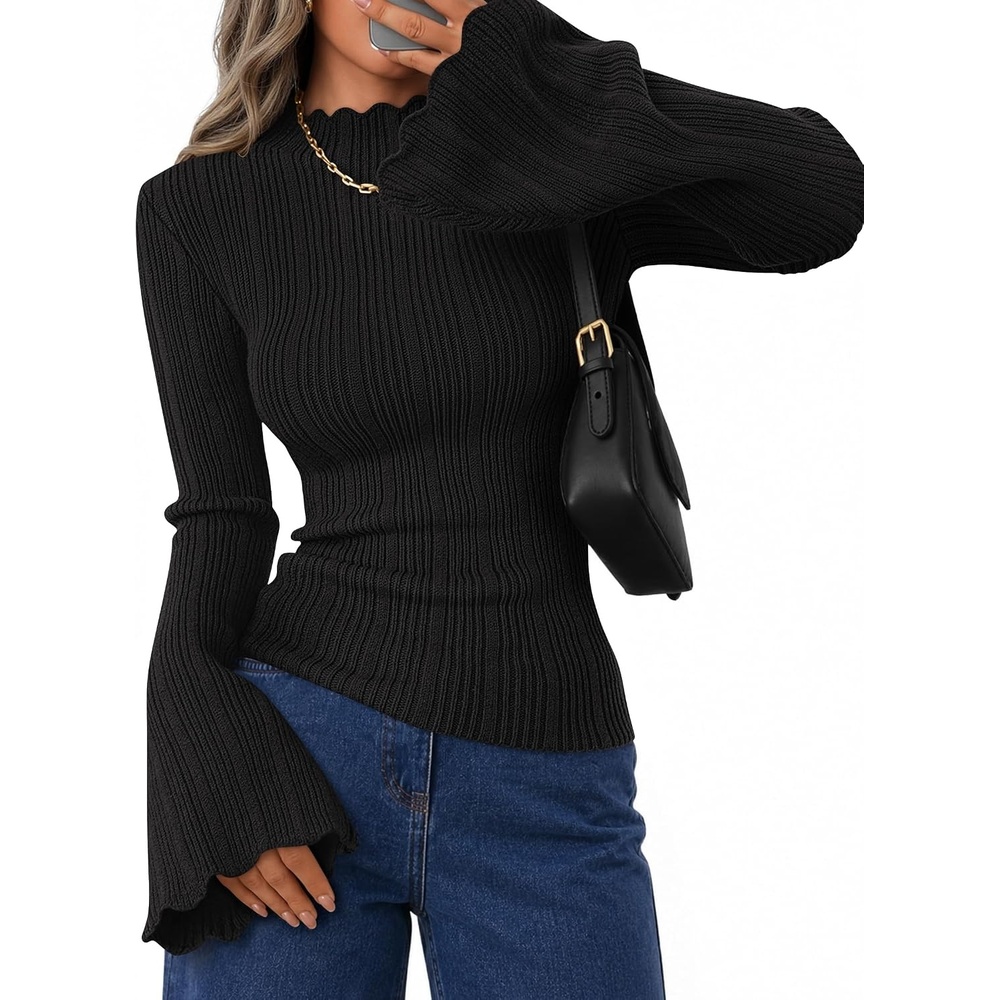 image:imageZESICA Womens Fall Bell Long Sleeve Knit Sweaters Scalloped Mock Neck TopsBlack