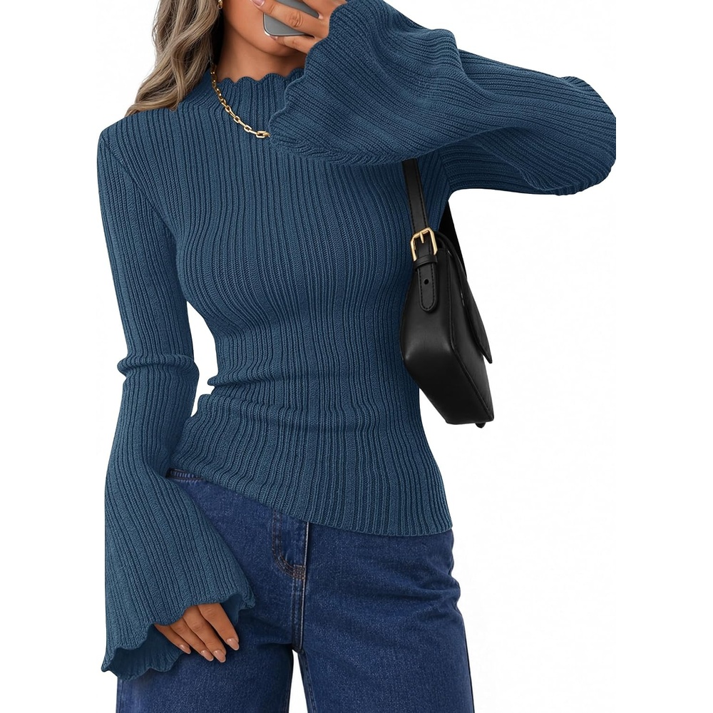 image:imageZESICA Womens Fall Bell Long Sleeve Knit Sweaters Scalloped Mock Neck TopsDustyblue