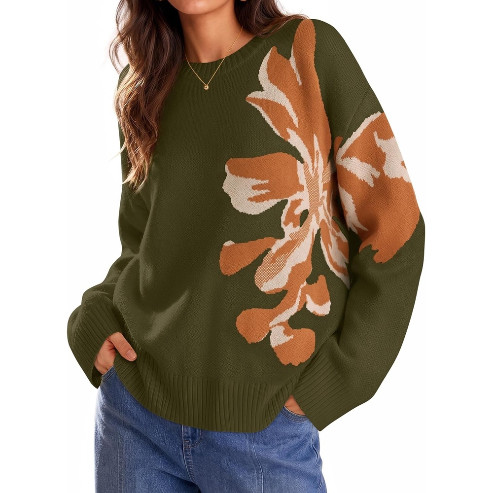 image:imageZESICA Womens Fall Floral Oversized Sweaters 2026 Cozy Pullover TopsArmygreen