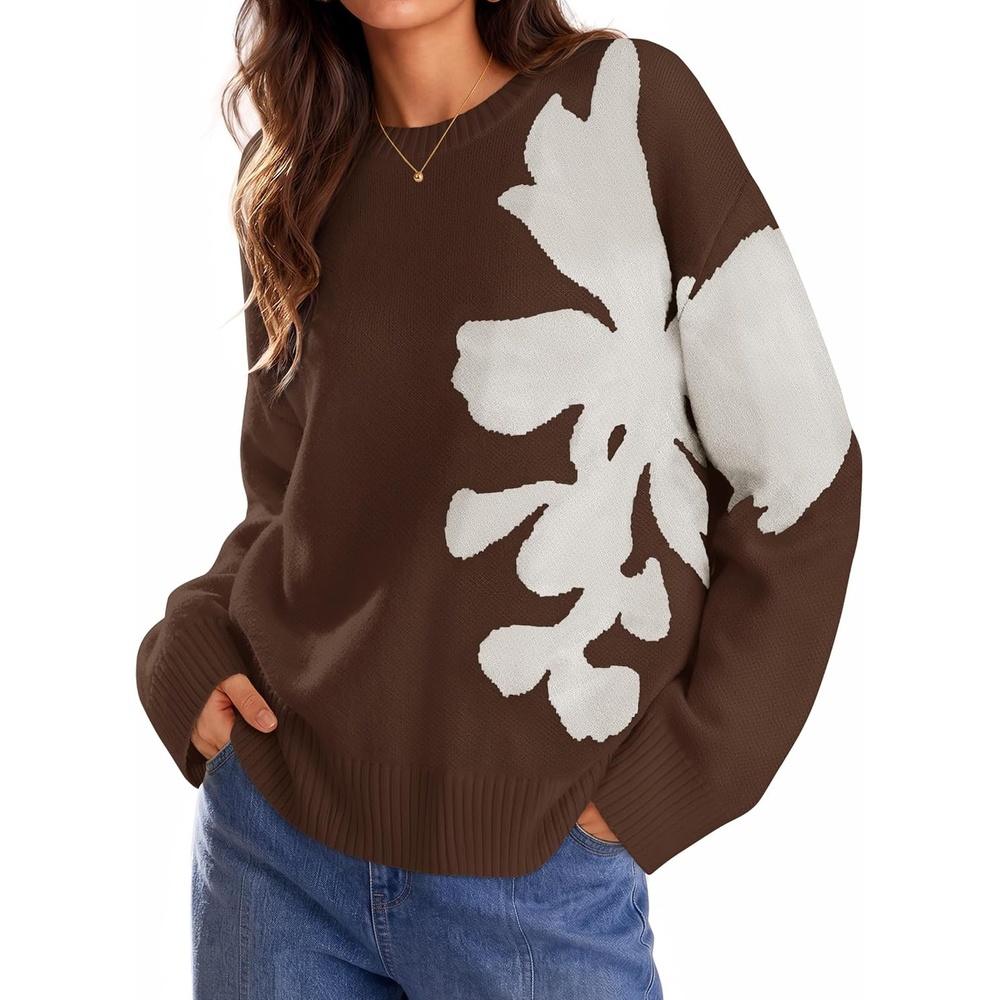 image:imageZESICA Womens Fall Floral Oversized Sweaters 2026 Cozy Pullover TopsBrown