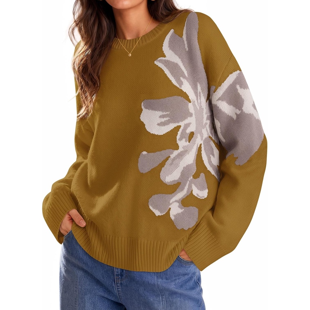 image:imageZESICA Womens Fall Floral Oversized Sweaters 2026 Cozy Pullover TopsMustardyellow