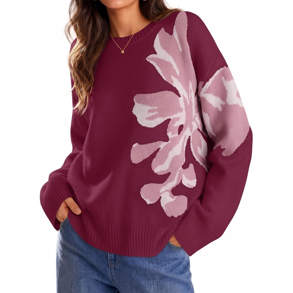 image:imageZESICA Womens Fall Floral Oversized Sweaters 2026 Cozy Pullover TopsPlum