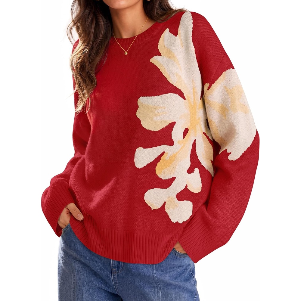 image:imageZESICA Womens Fall Floral Oversized Sweaters 2026 Cozy Pullover TopsRed