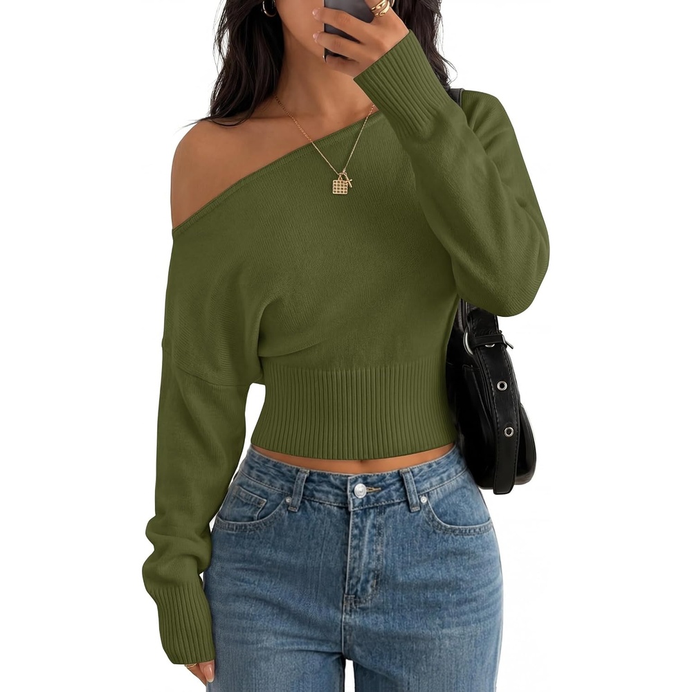 image:imageZESICA Womens Fall Off Shoulder Cinched Waist Cropped Sweaters TrendyArmygreen