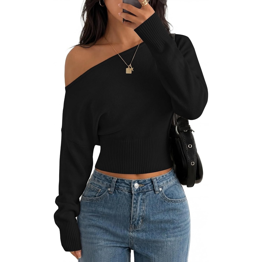 image:imageZESICA Womens Fall Off Shoulder Cinched Waist Cropped Sweaters TrendyBlack