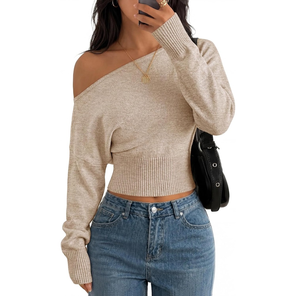 image:imageZESICA Womens Fall Off Shoulder Cinched Waist Cropped Sweaters TrendyOats