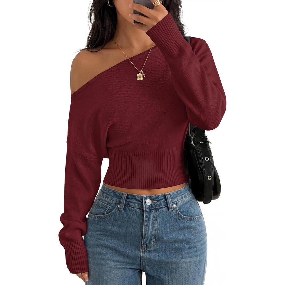 image:imageZESICA Womens Fall Off Shoulder Cinched Waist Cropped Sweaters TrendyWine