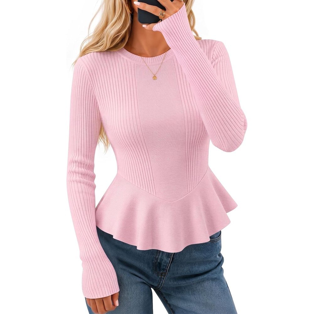 image:imageZESICA Womens Fall Ruffle Peplum Sweaters Cropped Pullover TopsPink