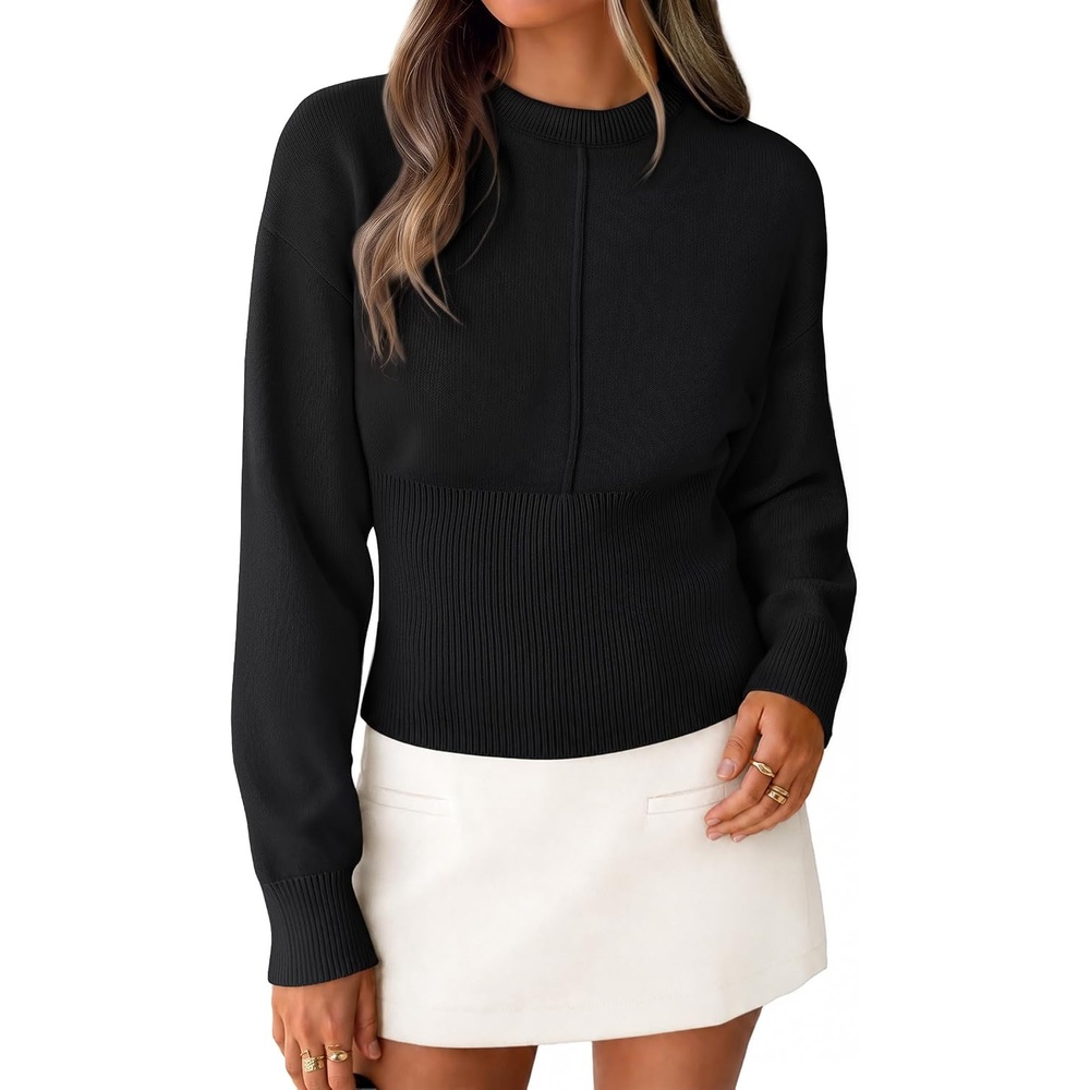 image:imageZESICA Womens Fall Sweaters Crewneck Cinched Waist Pullover TopsBlack