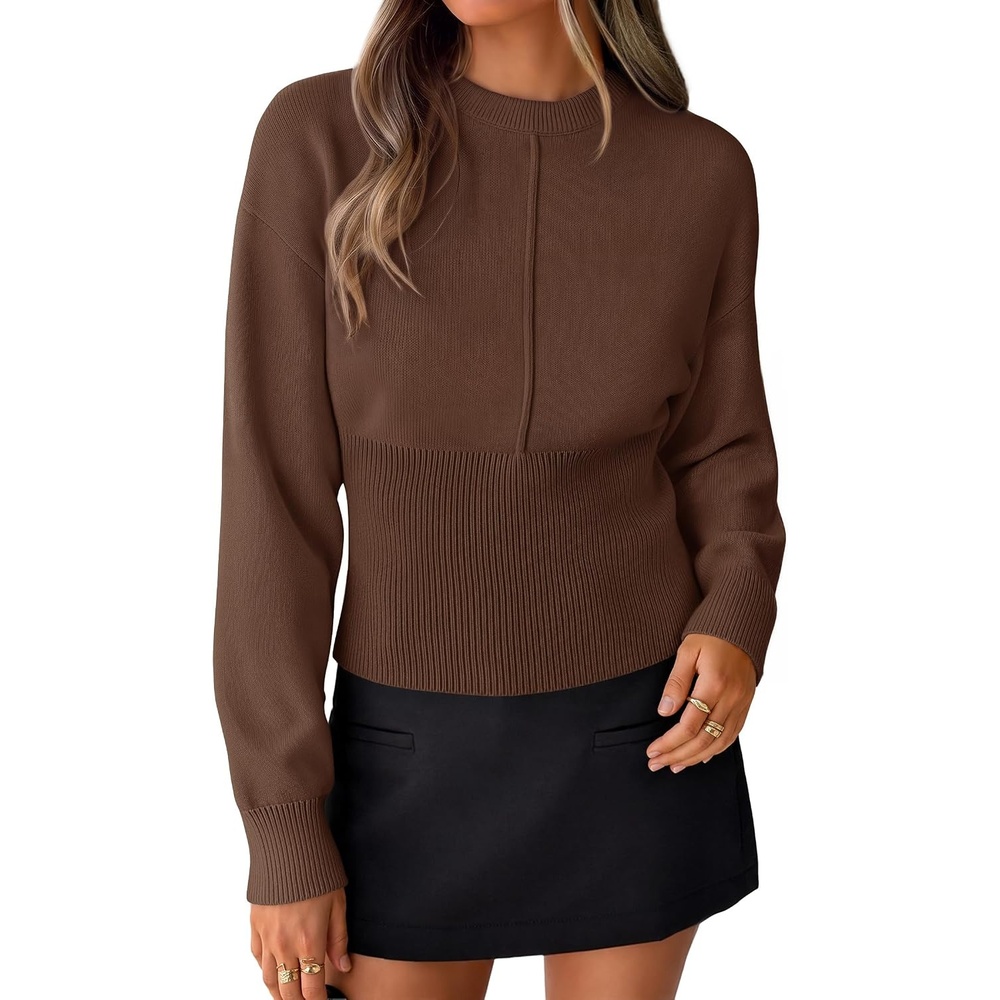 image:imageZESICA Womens Fall Sweaters Crewneck Cinched Waist Pullover TopsBrown