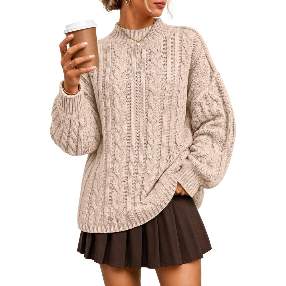 image:imageZESICA Womens Fall Sweaters Oversized Mock Neck Cable Knit OutfitsApricot