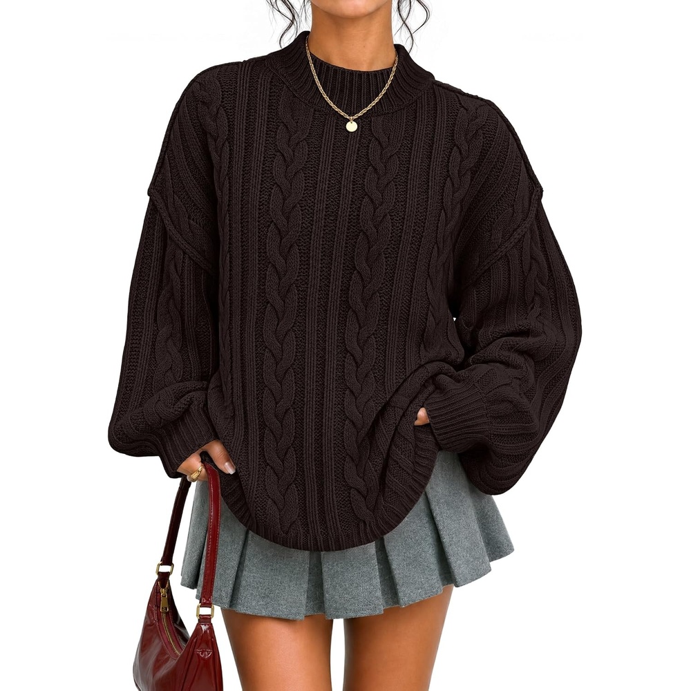 image:imageZESICA Womens Fall Sweaters Oversized Mock Neck Cable Knit OutfitsCoffee
