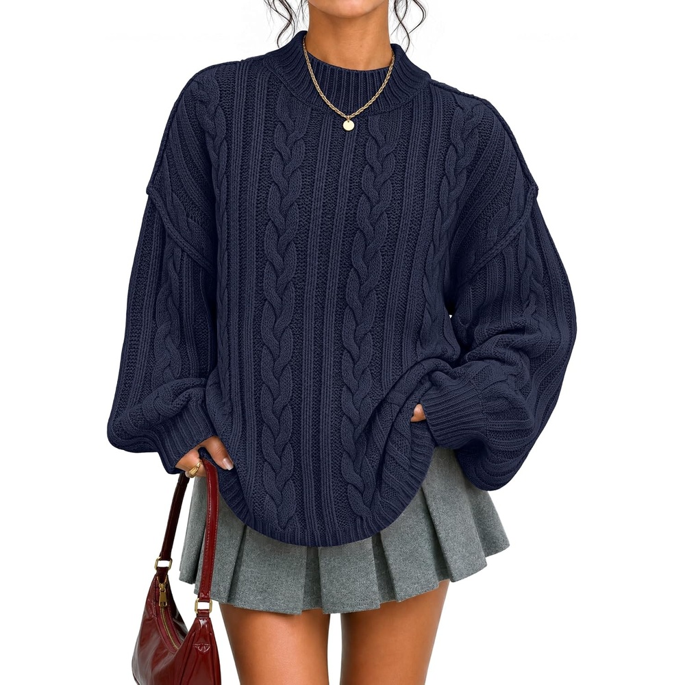 image:imageZESICA Womens Fall Sweaters Oversized Mock Neck Cable Knit OutfitsNavy