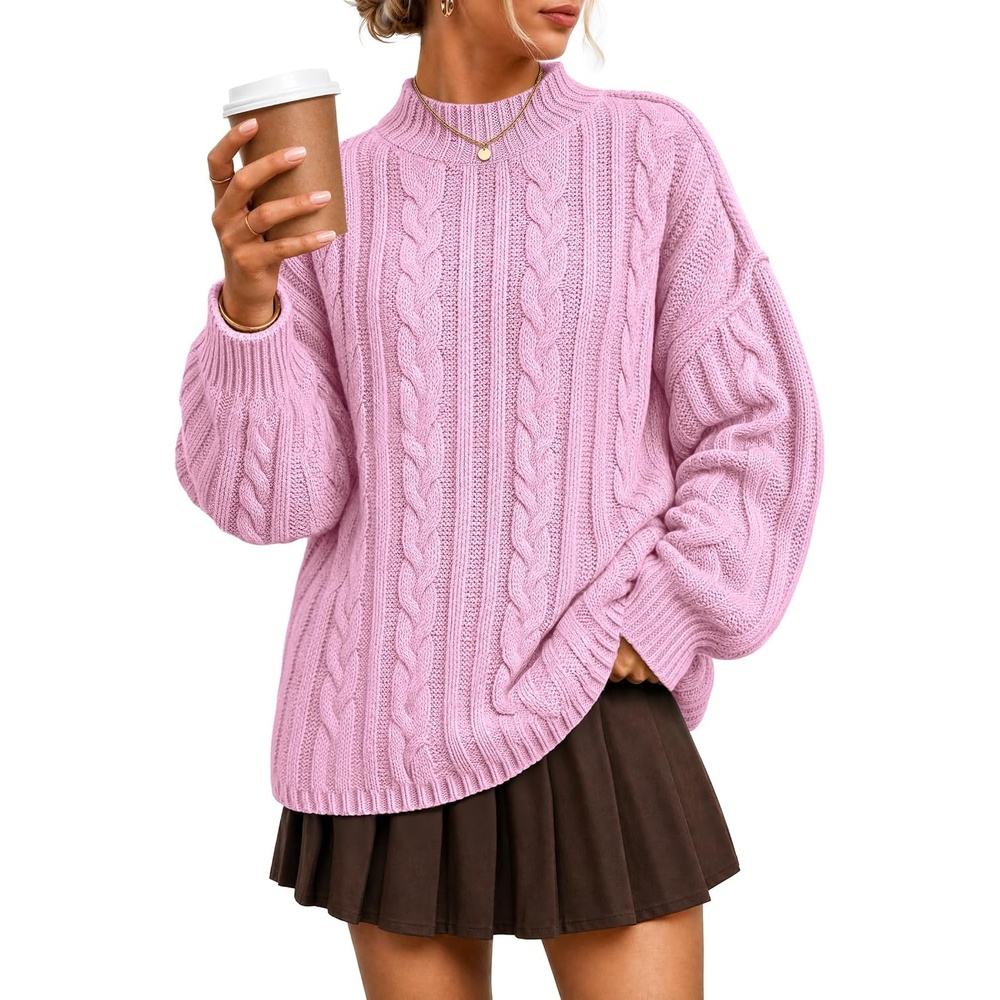 image:imageZESICA Womens Fall Sweaters Oversized Mock Neck Cable Knit OutfitsPink
