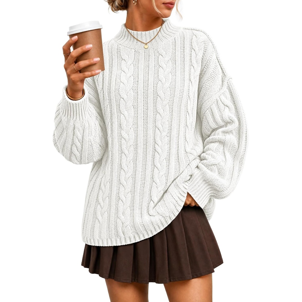 image:imageZESICA Womens Fall Sweaters Oversized Mock Neck Cable Knit OutfitsWhite