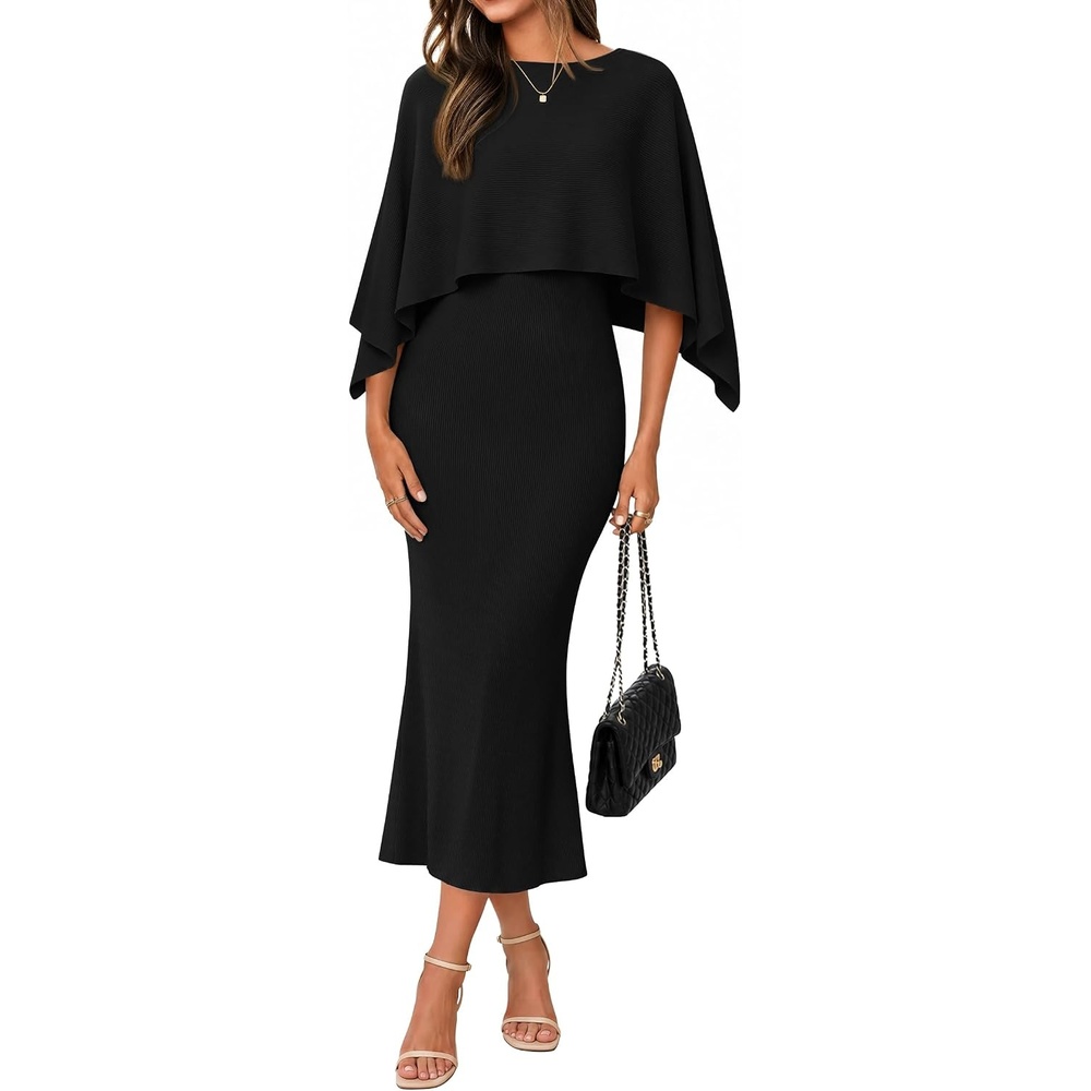 image:imageZESICA Womens Fall Two Piece Outfits Shawl Poncho Sweater Bodycon DressesBlack