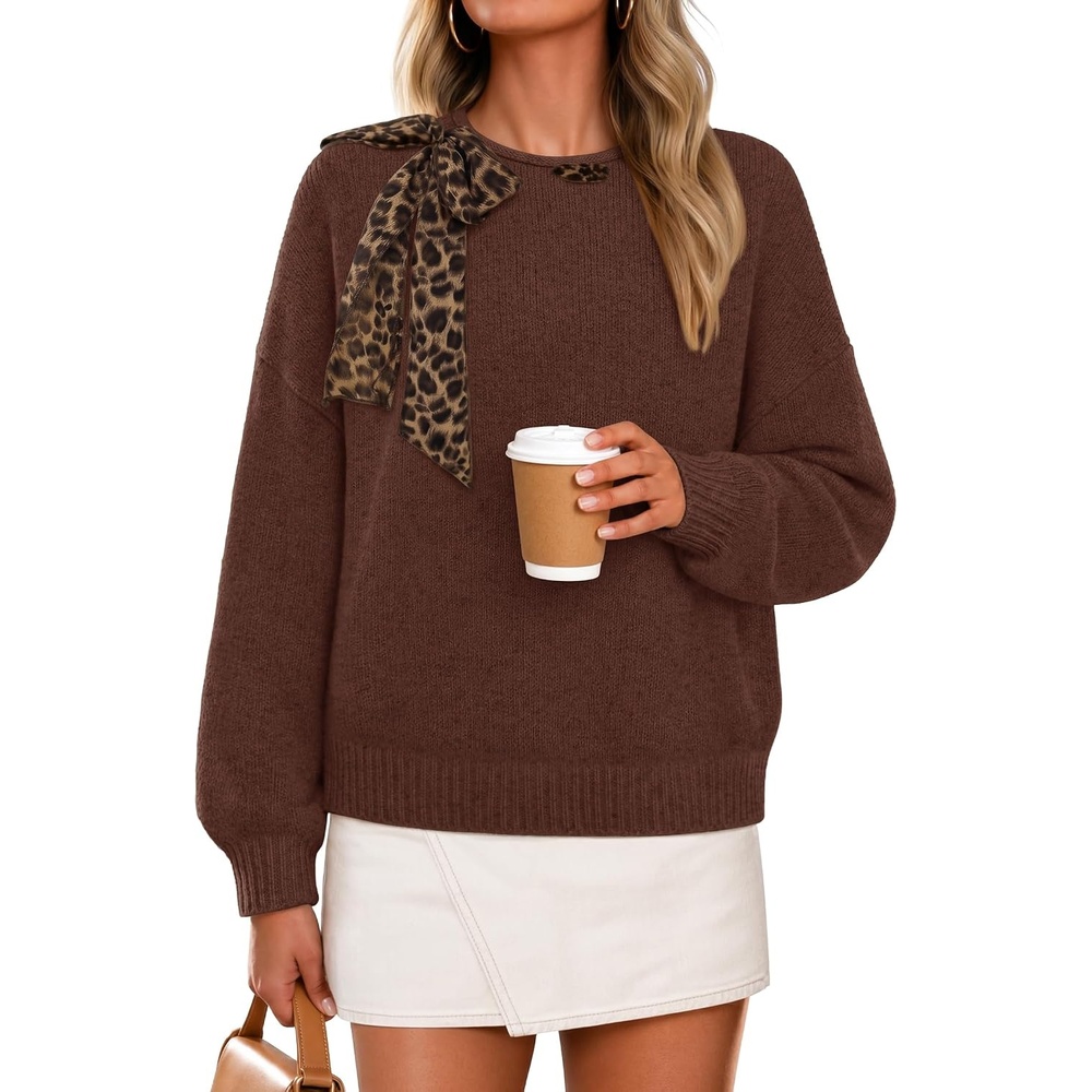 image:imageZESICA Womens Fall Winter Cute Bow Tie Oversized SweatersBrown