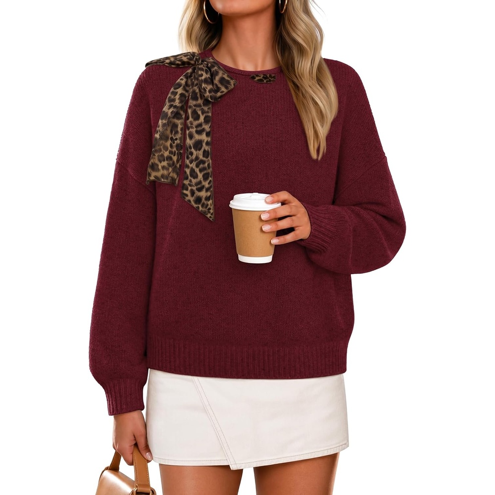 image:imageZESICA Womens Fall Winter Cute Bow Tie Oversized SweatersWine